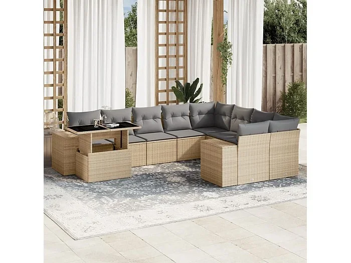 Juego de sofás jardín con cojines beige 10 piezas ratán sintético