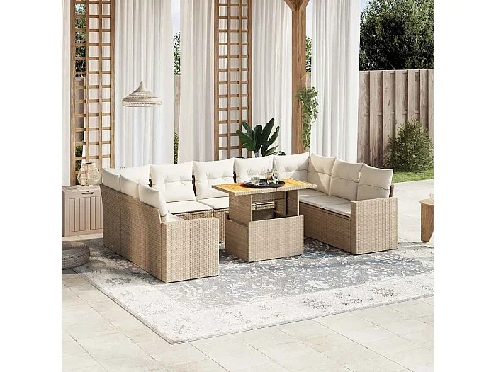 Juego de sofás jardín con cojines beige 10 piezas ratán sintético