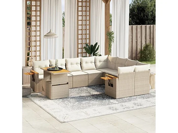 Juego de sofás jardín con cojines beige 10 piezas ratán sintético