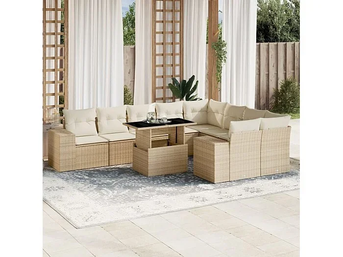 Juego de sofás jardín con cojines beige 10 piezas ratán sintético