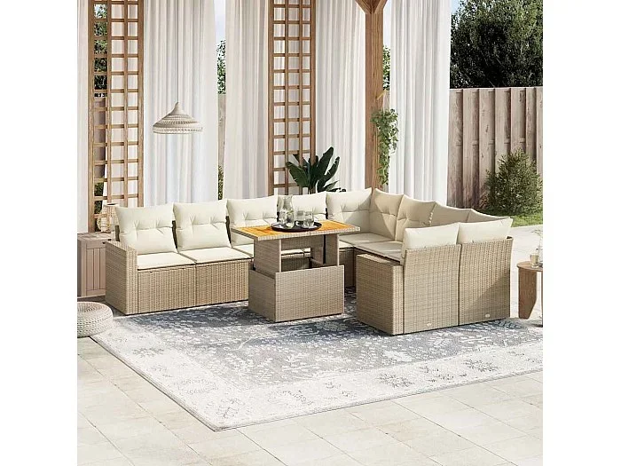 Juego de sofás jardín con cojines beige 10 piezas ratán sintético