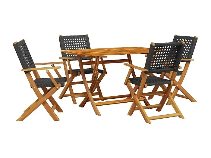 Katryn Set de comedor de jardín 5 pzas ratán PE madera maciza negro