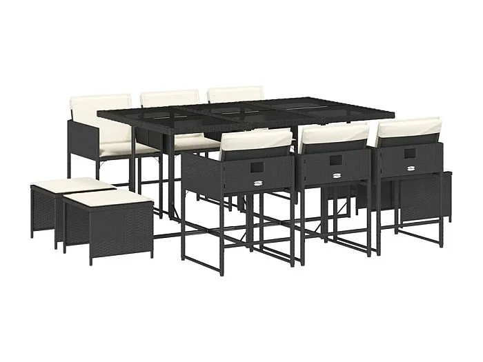 Kirkland Set de comedor jardín 11 pzas con cojines ratán sintético negro