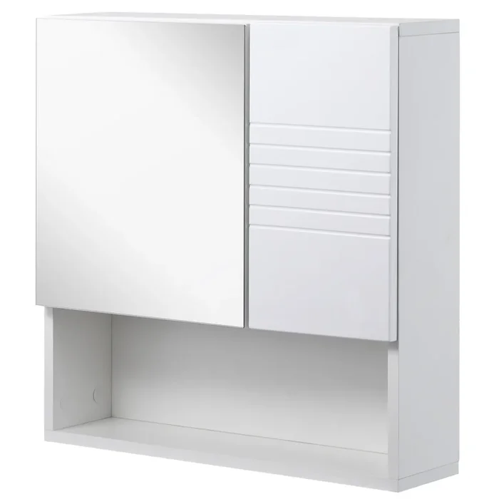 kleankin Armario de Baño con Espejo Mueble Auxiliar Montado en Pared con Estane Abierto y 2 Puertas con Balda Interior Ajustable 54x15x55 cm Blanco