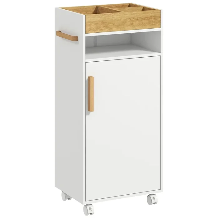 kleankin Armario de Baño Moderno Columna Auxiliar de Baño Mueble de Suelo con Estantes Ajustables Armario Bandeja Extraíble y Ruedas 40x30x88 cm Blanco y Roble