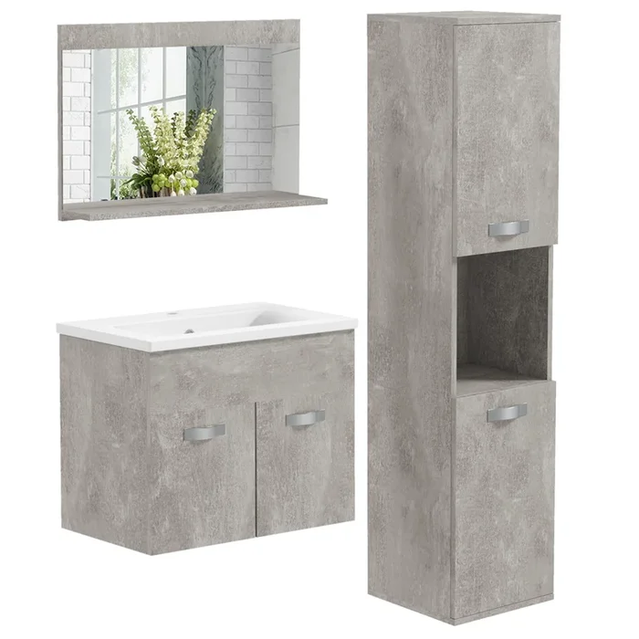 kleankin Conjunto de Muebles de Baño de Pared de 3 Piezas, Incluye Espejo, Mueble de Baño con Lavabo Cerámico, Armario Alto con Estantes Ajustables, Estilo Moderno, Gris