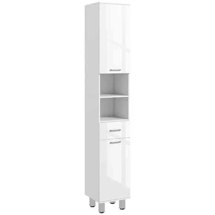 kleankin Mueble Auxiliar Baño Alto, Columna Auxiliar de Baño, con 1 Cajón, 3 Estantes Ajustable, 2 Armarios, para Salón, Dormitorio, 30x30x180 cm, Blanco Brillante