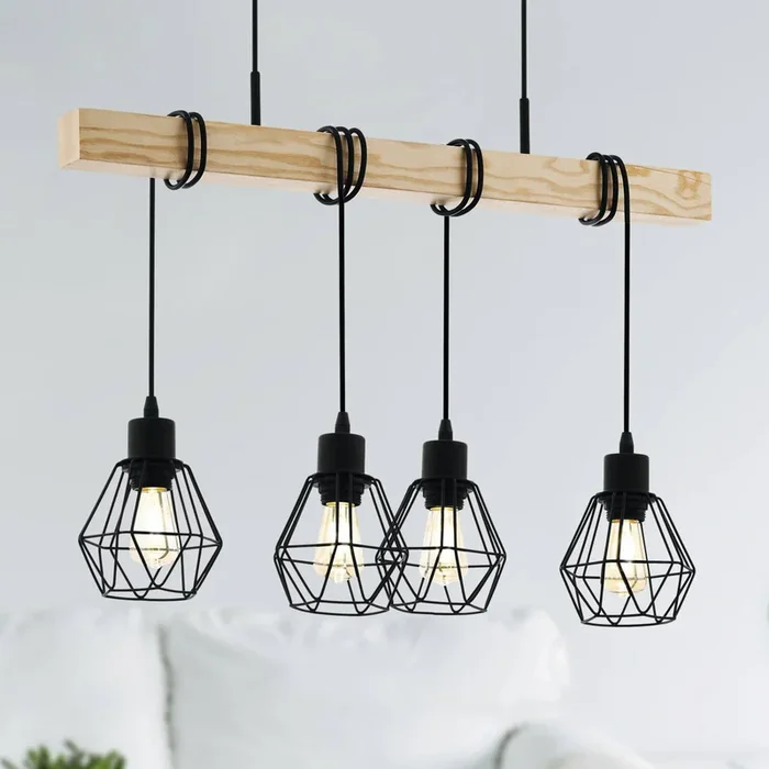 Lámpara colgante Townshend, longitud 70 cm, negro/roble, 4 luces.