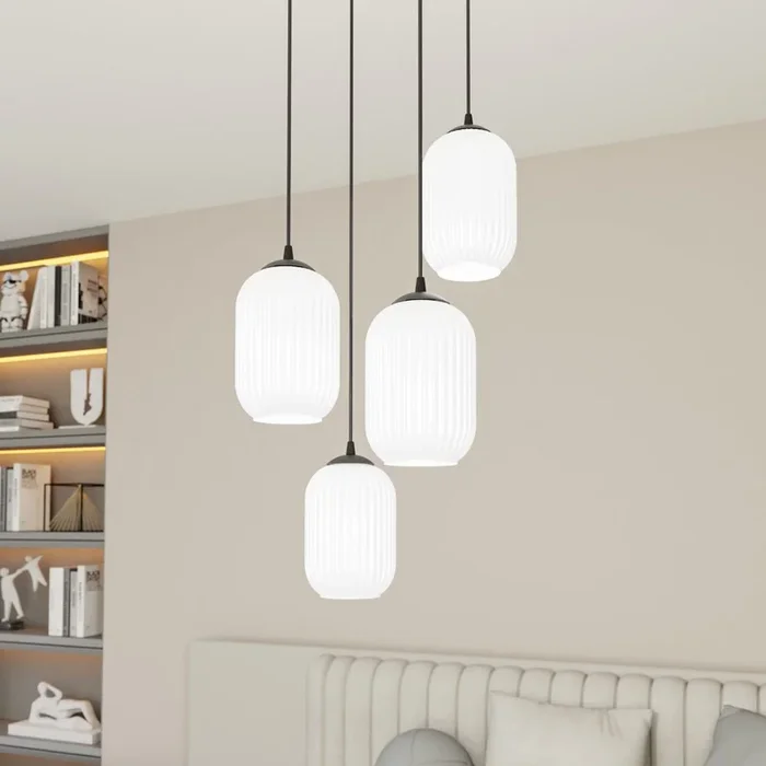 Lámpara colgante Verdi, Ø 30 cm, negro/opal, acero/vidrio, 4 luces.