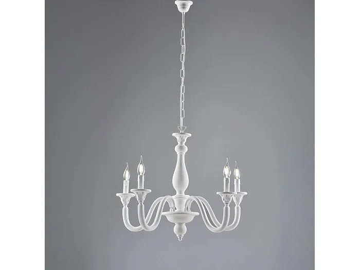 Lámpara de araña Lucca Shabby de madera blanca, 5 luces, 116 cm, Ø62 cm, BL271-5-BCO