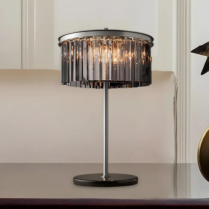 Lámpara de mesa de noche moderna LED de cristal gris ahumado para sala de estar cilíndrica