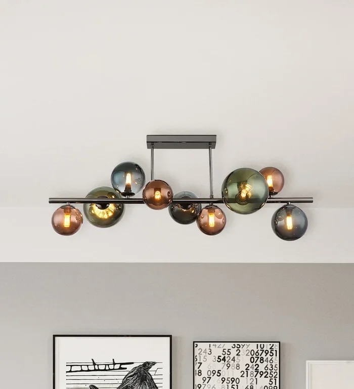 Lámpara de techo Riha, longitud 87 cm, gris humo/negro, 9 luces.