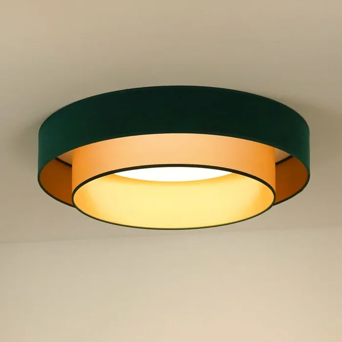 Lámpara LED de techo Luneta, terciopelo verde/dorado, Ø 60 cm, atenuable en 3