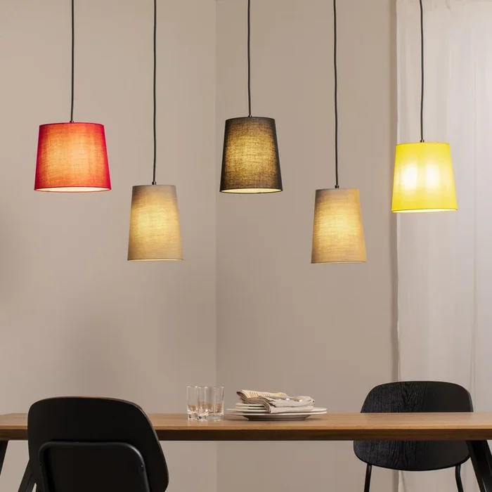 Lindby Lámpara colgante Amilia, tela, 5 luces, rojo/gris/amarillo, E27