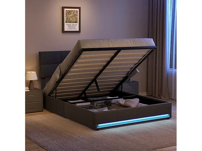 Lit coffre 160×200 cm con cabecero ajustable – LED RGB – USB+Type-C – en terciopelo – Gris antracita