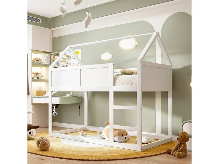 Lit superposé 90x200cm, lit cabane enfant avec escalier et 1x sommier à lattes en haut, cadre en bois massif, blanc bois