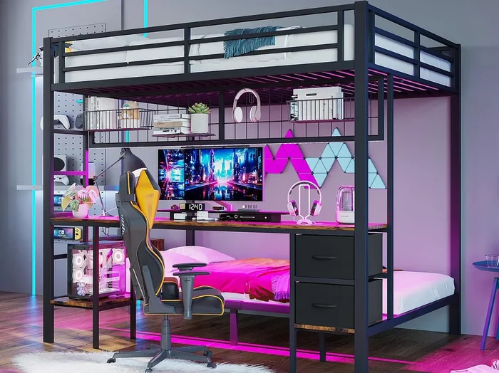 Litera 140×200 cm – con cajón – con escritorio – con iluminación LED + USB – negro (sin colchón)