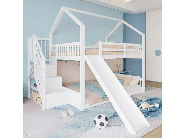 Litera 140×200 madera con escalera corredera almacenaje infantil/adolescente blanca