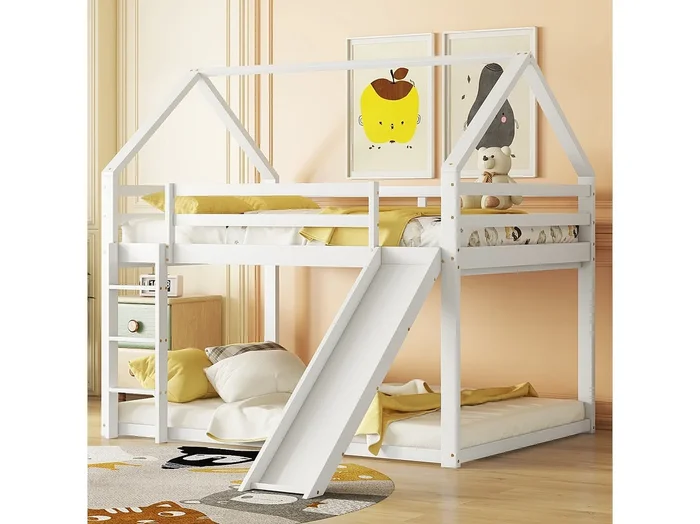 Litera 140 x 200 cm – Cama doble con tobogán y escalera – madera blanca – sin colchón