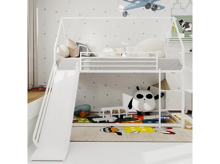 Litera 2 x 90 x 190 cm – Cama infantil con escalera y tobogán – metal blanco – sin colchón
