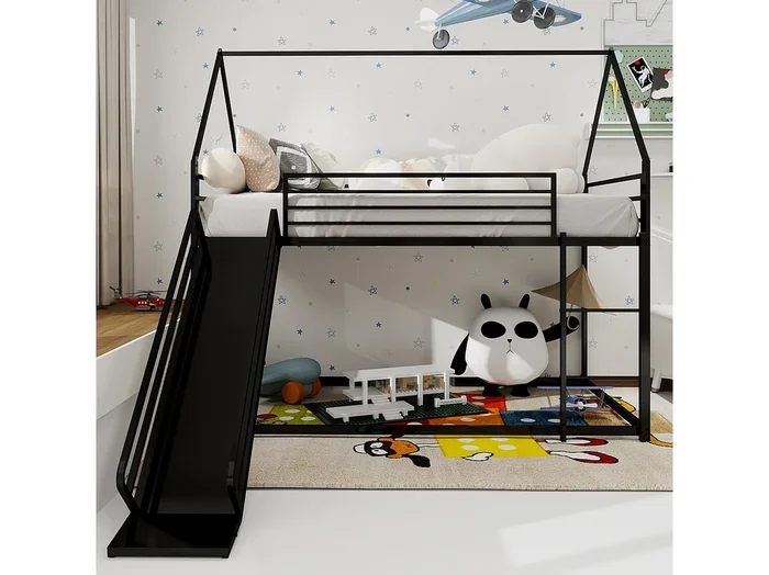 Litera 2 x 90 x 190 cm – Cama infantil con escalera y tobogán – metal negro – sin colchón