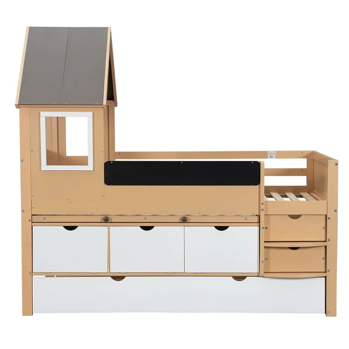 Litera, 90×200 & 90x190cm – Cama tipo árbol con cajones y cama extraíble, con mesa extensible, amplia capacidad de almacenamiento, ventana y tablero de graffiti – Blanco+Natural