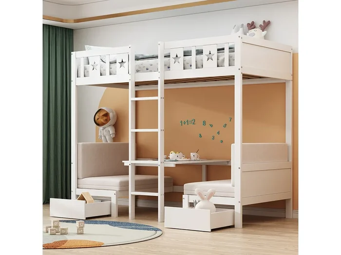 Litera 90x200cm – Cama-escritorio 2 en 1, tapizada, con 2 cajones, escalera – cama infantil de madera – color blanco