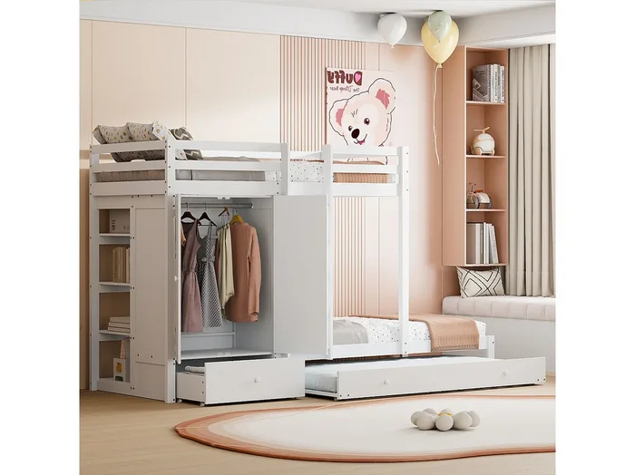 Litera 90x200cm, cama infantil con cama nido 90x190cm, armario, escalera, cajones y compartimento de almacenaje, color blanco