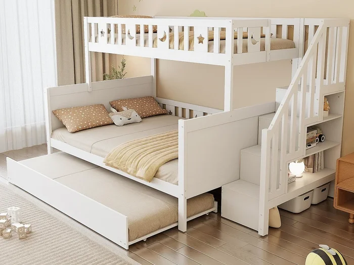 Litera con cama nido de madera maciza 90×200+140x200cm – con escalera almacenaje – 3 somieres – Blanco