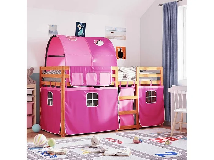 Litera con cortinas madera maciza de pino rosa 90×200 cm