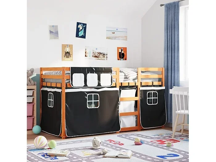 Litera con cortinas madera maciza pino blanco y negro 80×200 cm
