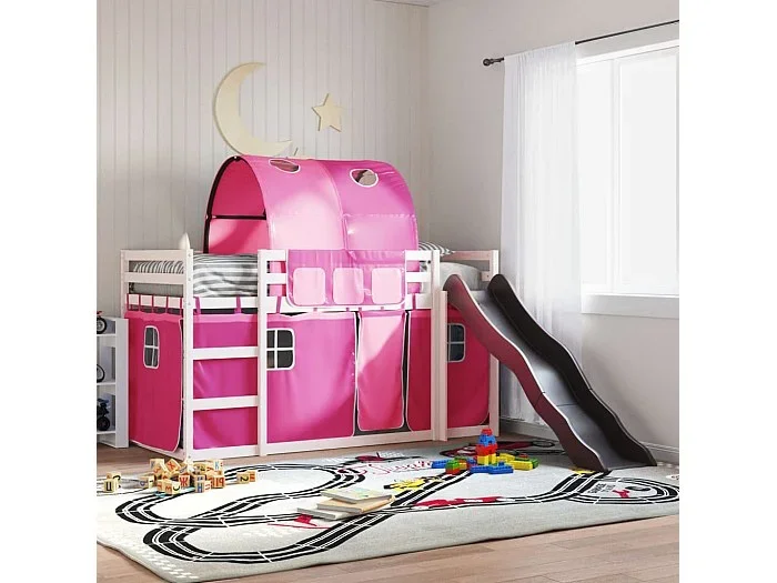 Litera con tobogán y cortinas rosa 90×190 cm