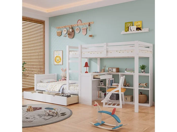 Litera infantil 90×200 cm con escritorio, 2 cajones, balda abierta y escalera de 3 niveles – Pino blanco y MDF