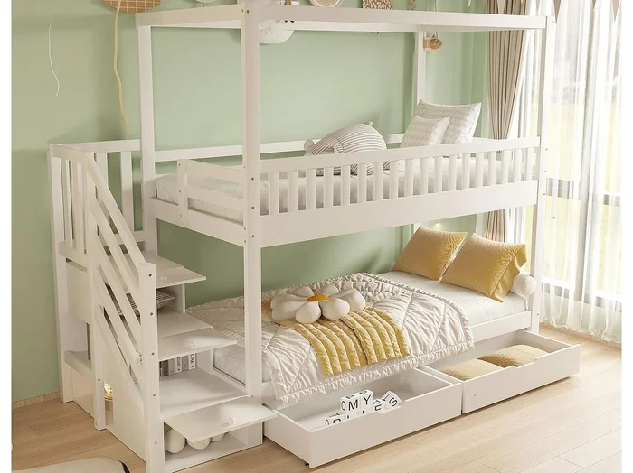 Litera infantil 90×200 cm – diseño con barrera de seguridad – con 2 cajones – escalera de seguridad – blanco