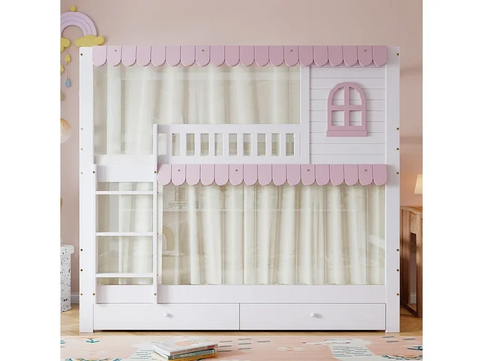 Litera infantil de madera con ventana, cajones con ruedas, 90 x 200 cm, color blanco y rosa