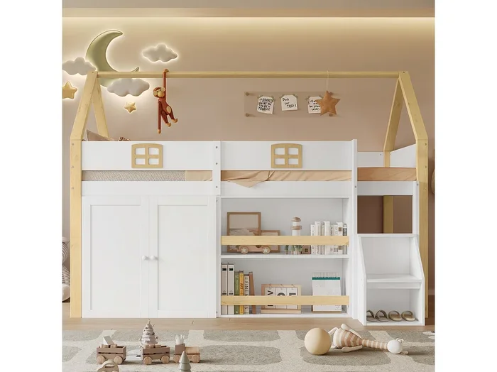 Litera infantil de madera de 90×200 cm con escalera de almacenaje, estantes y armario blanco+natural