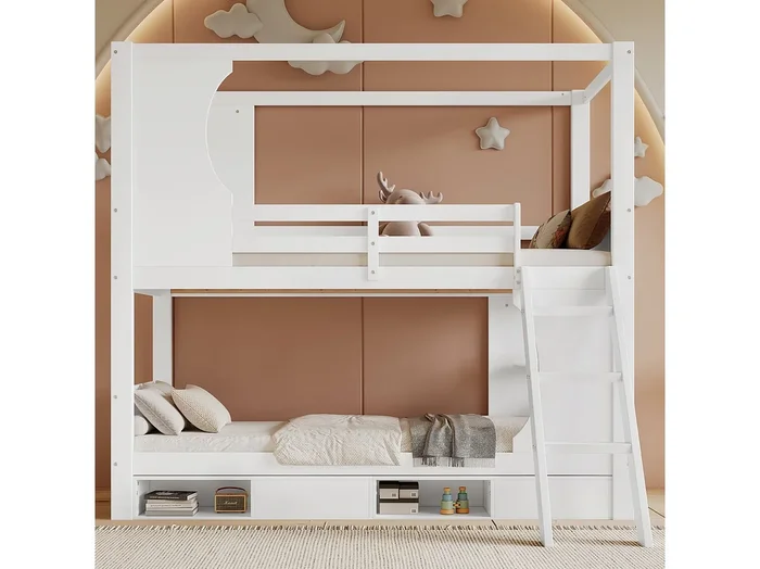 Litera para niños 90 x 200 cm, con barreras de seguridad, mesa, zapatero, escalera inclinada, blanco