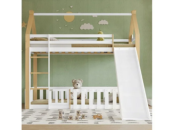 Litera para niños 90 x 200 cm con tobogán, barrera, escalera, blanco + natural