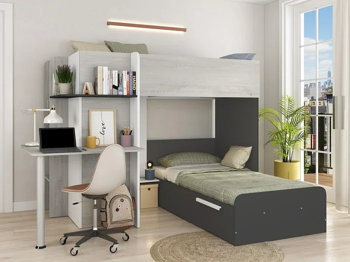 Litera rinconera 2 x 90 x 190 cm – Con escritorio – Gris, blanco y negro + colchón – SAMUEL