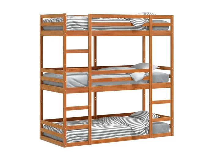 Litera triple de madera maciza de pino marrón cera 75×190 cm