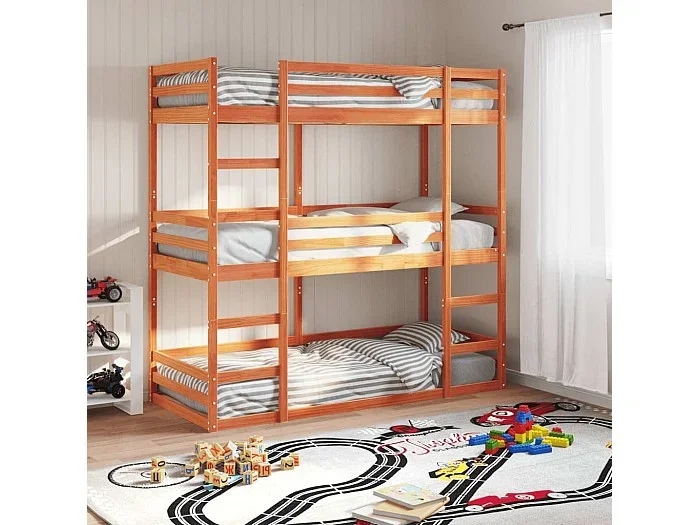 Litera triple de madera maciza de pino marrón cera 90×190 cm