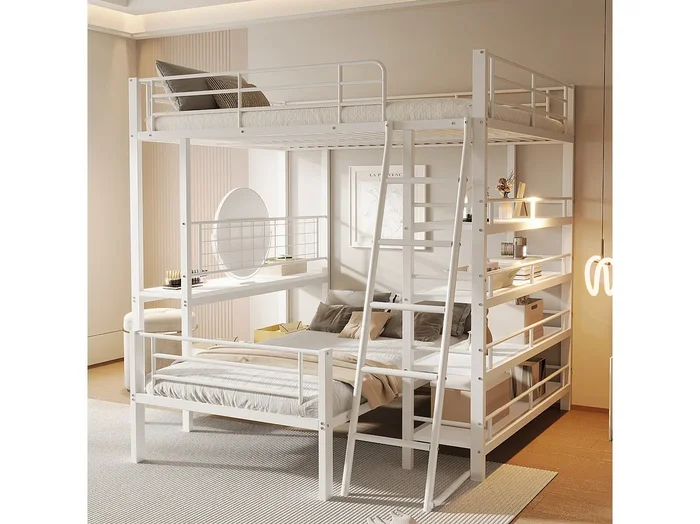 Literas 140 x 200 cm + 90 x 200 cm con escritorio y estantes de almacenaje – Estructura de metal – para niños – Blanco