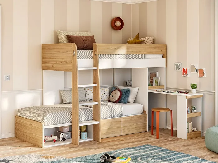 Literas 2 x 90 x 190 cm con escritorio y almacenamiento – Color natural y blanco – LOMIDEN