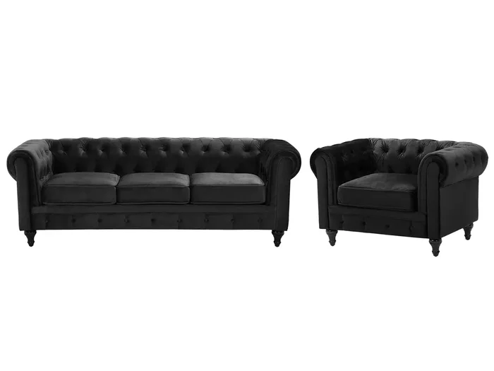 Living Room Set 4 Seater CHESTERFIELD Velvet Black