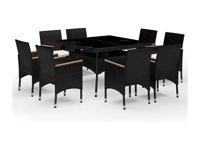 Løgumkloster Set de comedor de jardín 9 pzas ratán PE y madera acacia negro