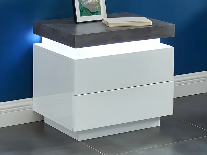 Lote de 2 mesitas de noche – 2 cajones – MDF Lacado – Con LEDs – Color Blanco y cemento – HALO II