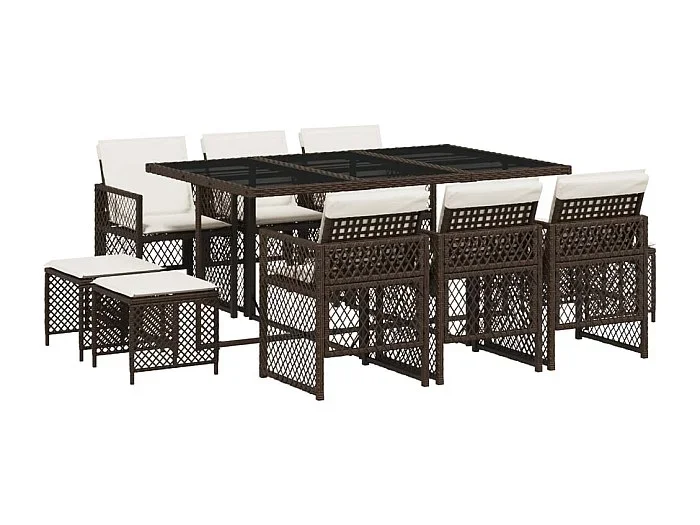 Lubbeek Set comedor de jardín 11 pzas y cojines ratán sintético marrón