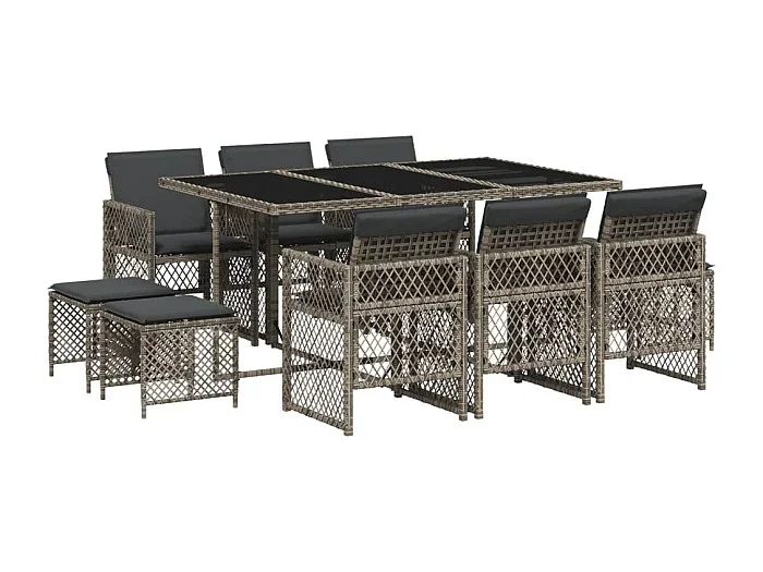 Lubbeek Set de comedor de jardín 11 pzas y cojines ratán sintético gris
