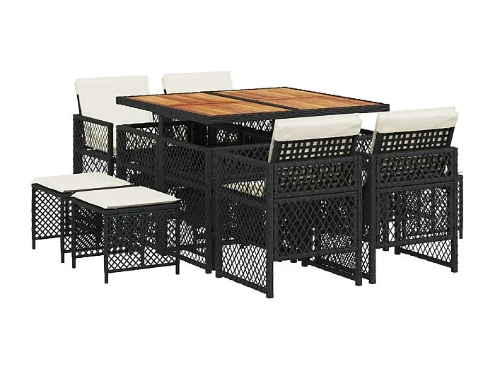 Lubbeek Set de comedor de jardín 9 pzas y cojines ratán sintético negro