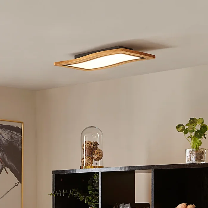 Lucande Plafón LED Joren, 46 cm de largo, madera, 3.000 K